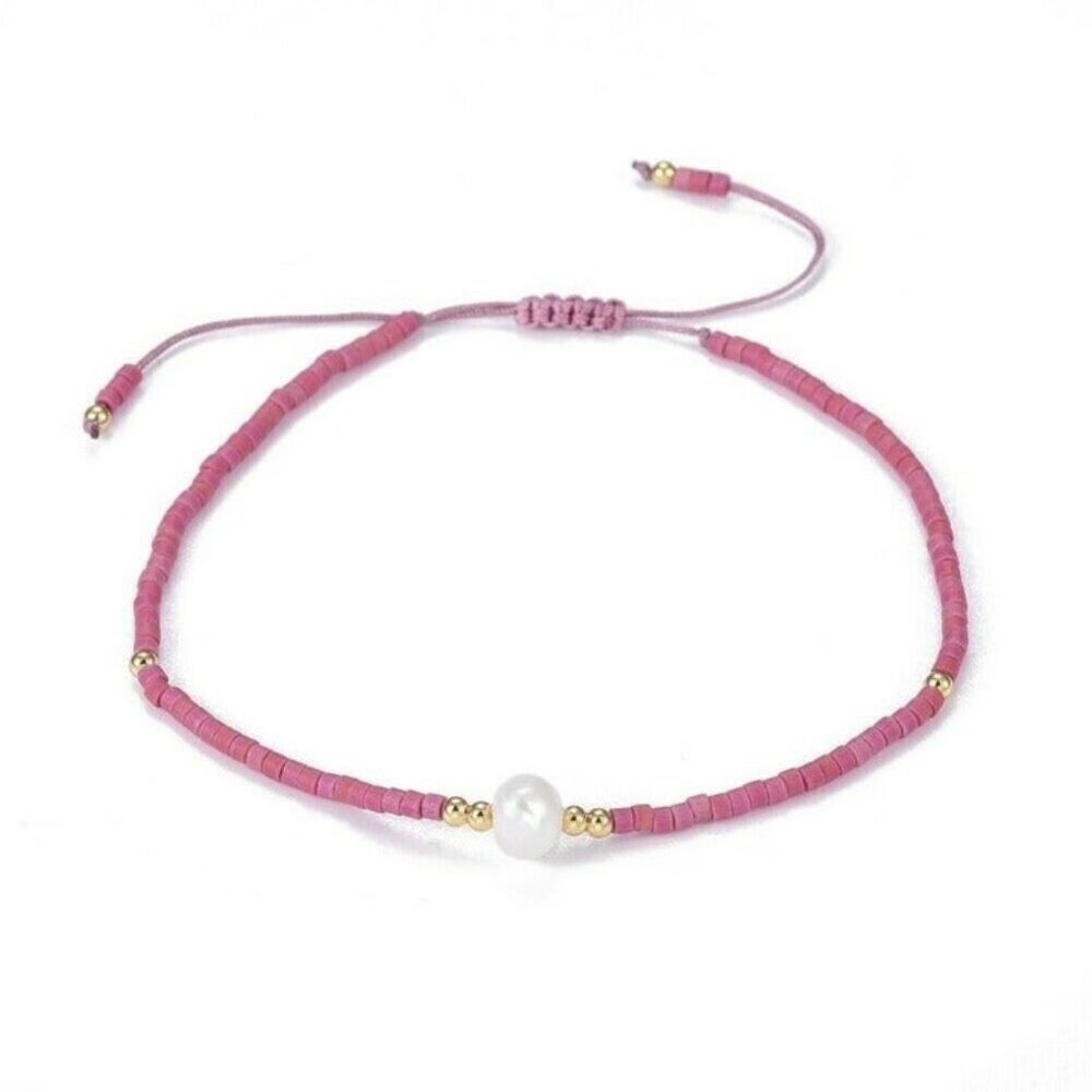 Handcrafted Real Freshwater Pearl Camellia Rose Japanese Glass Beads Bracelet